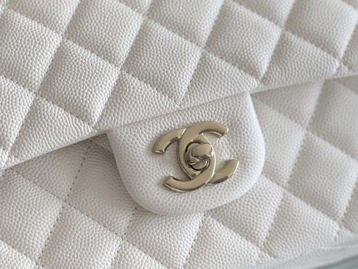 Chanel Classic Flap Inside Stitch Medium Size 25.5 Caviar Leather In Pure White