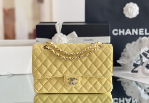 (Authentic Quality)Chanel Classic Flap Medium Size 25.5 Soft Caviar Leather In Yellow