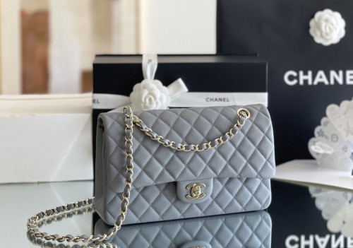 Chanel Classic Flap Inside Stitch Medium Size 25.5 Caviar Leather In Grey