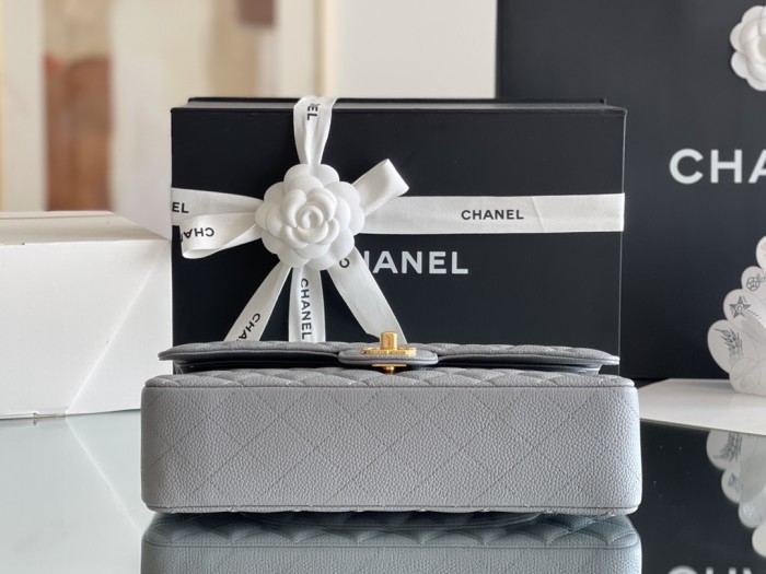 Chanel Classic Flap Outside Stitch Medium Size 25.5 Smooth Caviar Leather In Grey