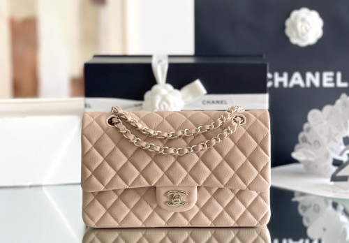 (Authentic Quality)Chanel Classic Flap Inside Stitch Medium Size 25.5 Caviar Leather In Light Beige