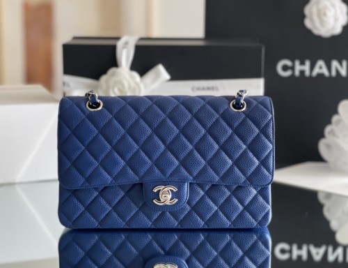 (Authentic Quality)Chanel Classic Flap Outside Stitch Medium Size 25.5 Smooth Caviar Leather In Blue