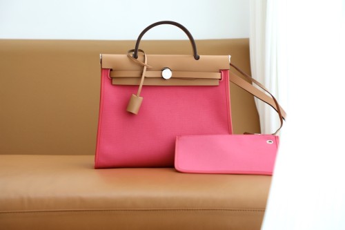 Hermes Herbag 31 Fabric/Swift Outside Stitch Handmade Bag In Hot Pink/Gold