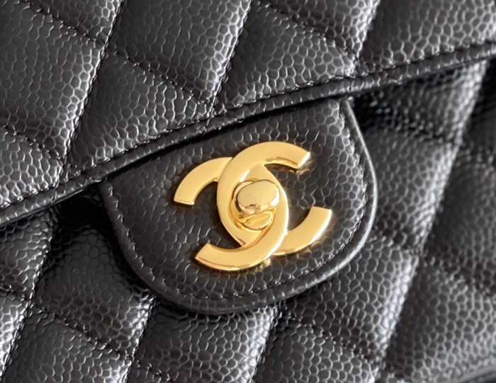 Chanel Classic Flap Outside Stitch Medium Size 25.5 Smooth Caviar Leather In Black