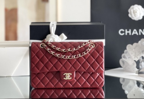 (Authentic Quality)Chanel Classic Flap Inside Stitch Medium Size 25.5 Caviar Leather In Red