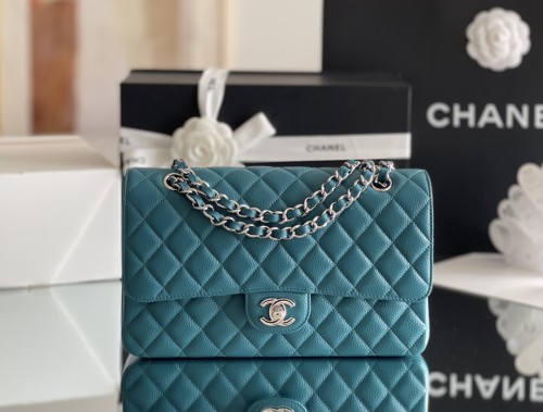 (Authentic Quality)Chanel Classic Flap Outside Stitch Medium Size 25.5 Smooth Caviar Leather In Turquoise Blue