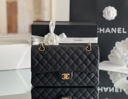 Chanel Classic Flap Inside Stitch Medium Size 25.5 Caviar Leather In Black