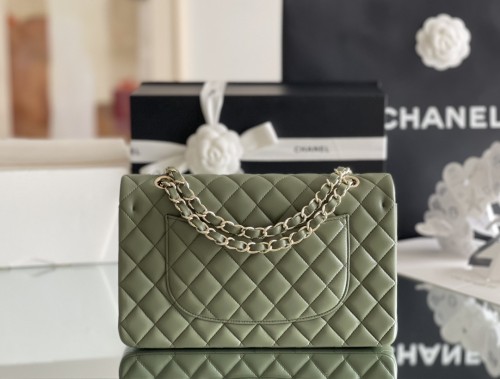 (Authentic Quality)Chanel Classic Flap Medium Size 25.5 Lamb Leather In Cuban Green