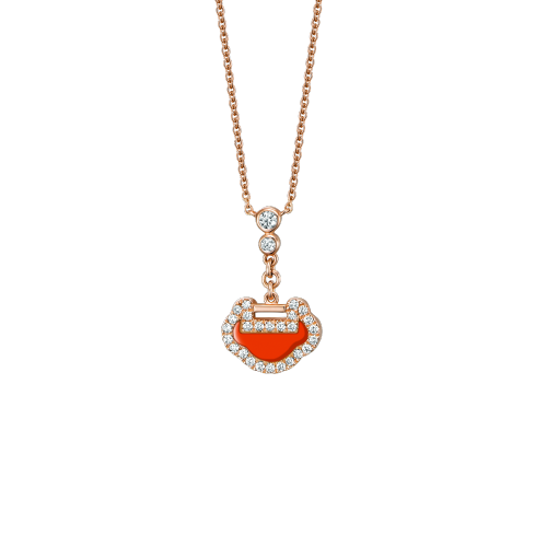 Qeelin Petite Yu Yi necklace in 18K rose gold with diamonds and red agate