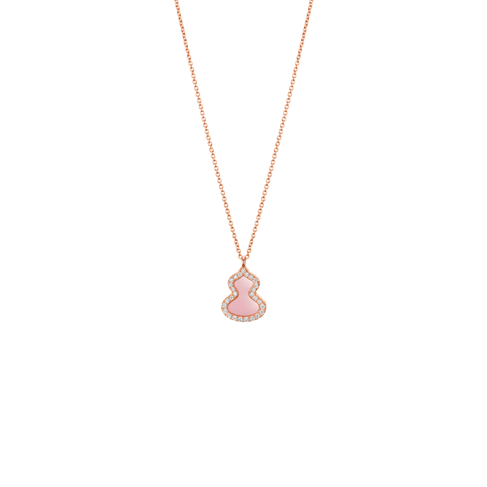 Qeelin Petite Wulu necklace in 18K rose gold with diamonds and pink opal