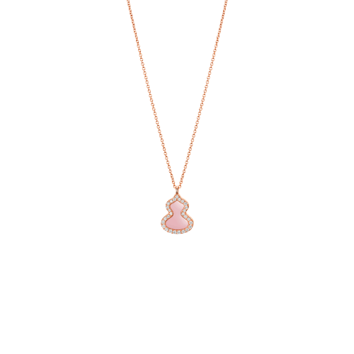 Qeelin Petite Wulu necklace in 18K rose gold with diamonds and pink opal