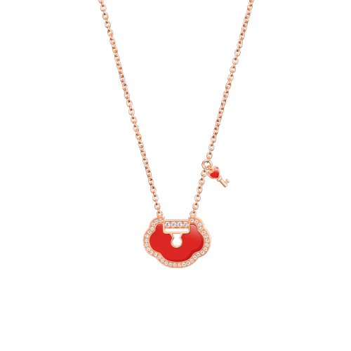 Qeelin Yu Yi Lock Necklace in 18K rose gold with diamonds and red agate