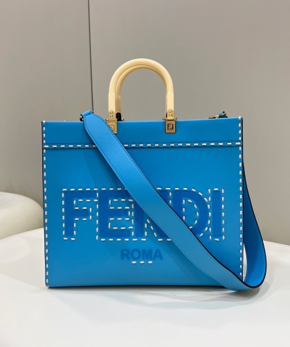 Fendi Tote Bag 36 Smooth Calf Leather Outside Stitch In Blue