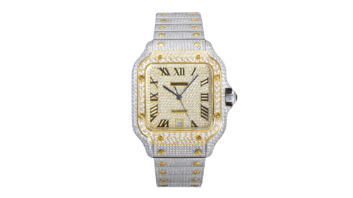 Iced Out Moissanite Cartier Swarovski, Two Tone Gold Roman Numbers