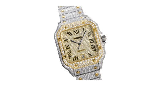 Iced Out Moissanite Cartier Swarovski, Two Tone Gold Roman Numbers