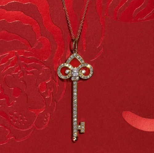 Tiffany Keys Fleur de Lis Keyin Platinum with Diamonds and Turquoise