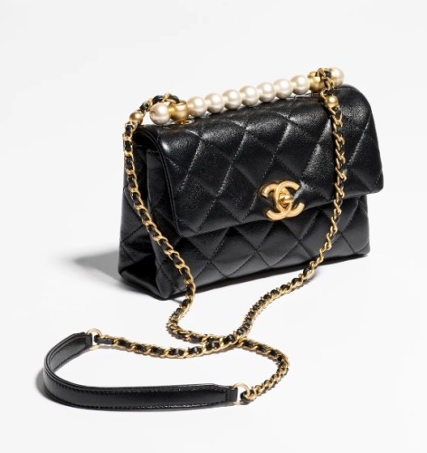 MINI FLAP BAG WITH TOP HANDLE Shiny Lambskin, Imitation Pearls & Gold-Tone Metal Black