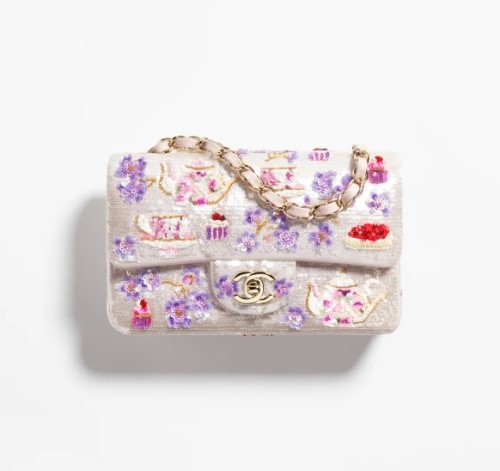 MINI CLASSIC HANDBAG Embroidered Satin, Sequins, Glass Beads, Strass & Gold-Tone Metal White, Pink, Purple & Red
