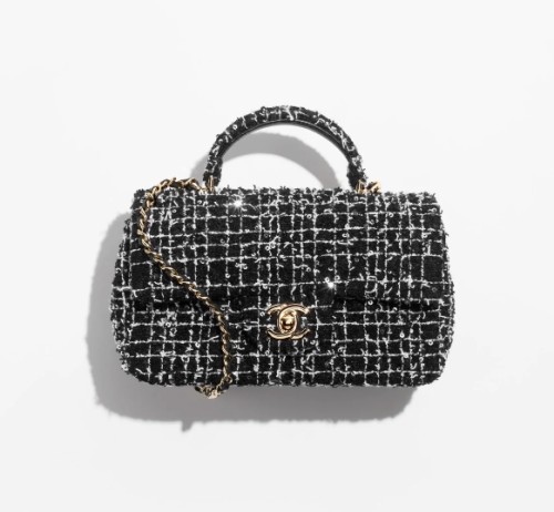 MINI CLASSIC HANDBAG WITH TOP HANDLE Sequin Embroidered Tweed & Gold-Tone Metal Black, White & Silver