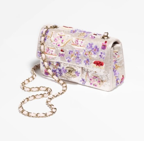 MINI CLASSIC HANDBAG Embroidered Satin, Sequins, Glass Beads, Strass & Gold-Tone Metal White, Pink, Purple & Red