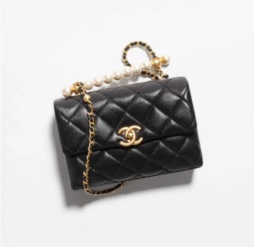 MINI FLAP BAG WITH TOP HANDLE Shiny Lambskin, Imitation Pearls & Gold-Tone Metal Black