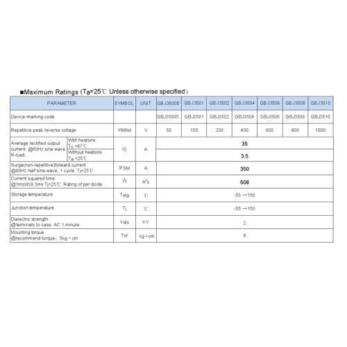 GBJ3510 GBJ3508 GBJ3506 Bridge Rectifier GBJ35M/35K/35J Bridge Stack 35A 1000V/800V/600V GBJ Flat Bridge Cutable Foot