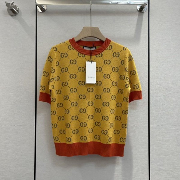 ビーズが可愛い！グッチ 半袖ニットTシャツ コピー イエロー コットン guk18530