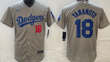 LA Dodgers #18 YAMAMOTO Grey Baseball Jersey 胸前红18