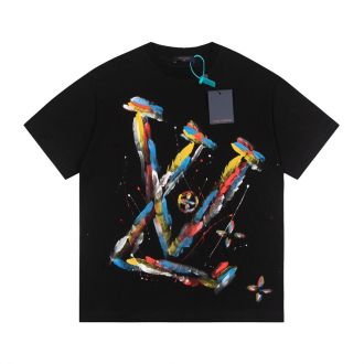 2024 L V 1:1 High Quality Double Crayon Graffiti Logo Printed Black T-Shirt