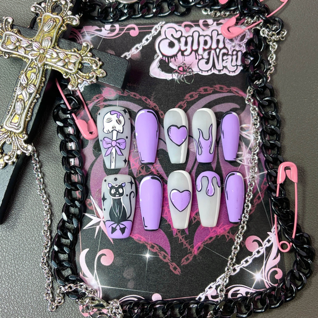 Popular style cat love cartoon fake nail patch purple gray wearing nails