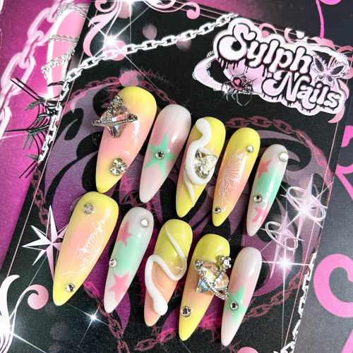 Yellow pink, green pink gradient color, crystal diamond patch, fresh butterfly pattern, fake nail patch for wearing nails