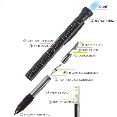 12 in 1 metal Multitool LED Light Pen 