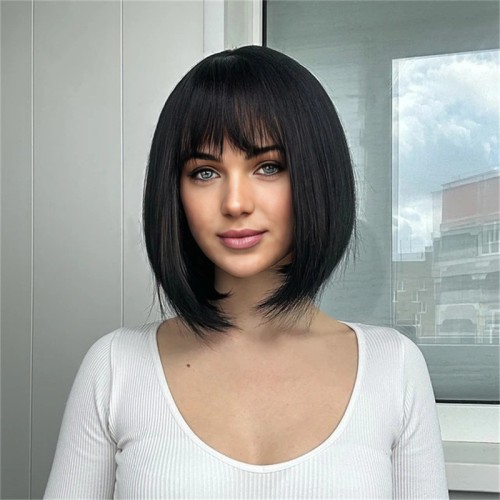 Factory source wigs for women with bangs short straight hair simulation hair European and American foreign trade shoulder-length bobo head full headpiece