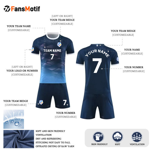 [High quality jersey customization] Blue game training uniforms quick drying breathable custom football jerseys customized worldwide delivery