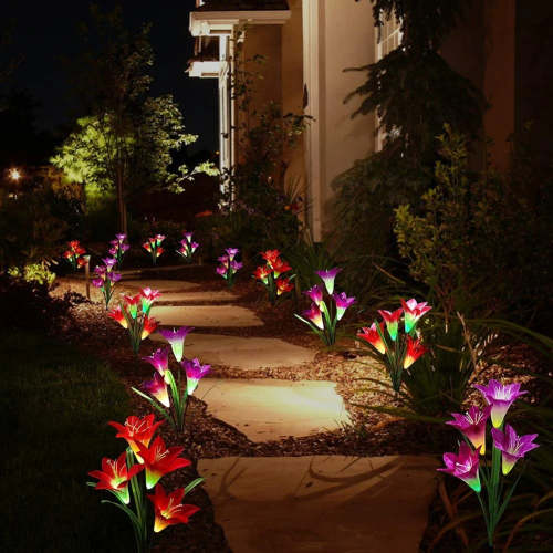 Spring Artificial Lily Solar Garden Stake Lights(4 Lilies/Stem)