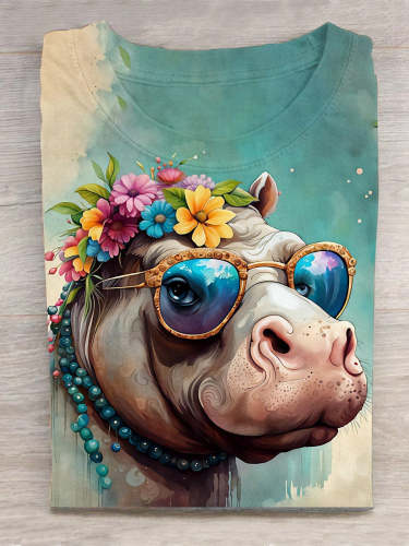Hippo Art Print Casual T-Shirt