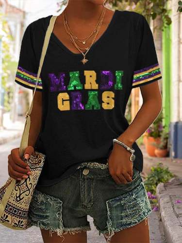 Mardi Gras Sequin V-Neck Shirt
