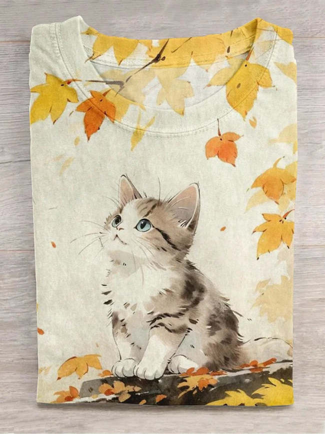 CUTE KITTEN CAT MAPLE LEAF FALL ANIMAL CASUAL PRINT | T-SHIRT