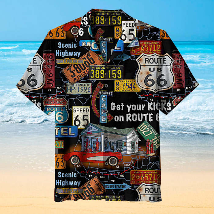 Very cool Route 66 signage on black background |Unisex Hawaiian Shirt