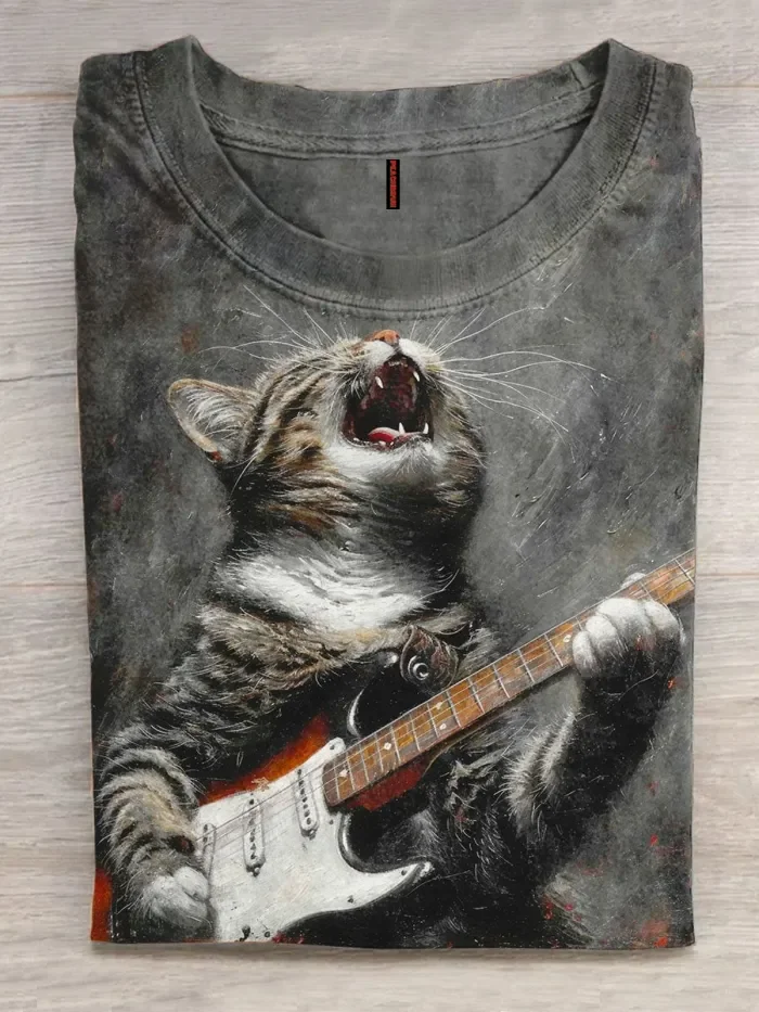 Unisex Rock Cat Print T-Shirt