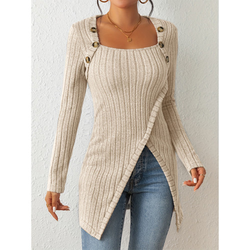 Slim long sleeves collarbone exposed slit knitted sweater | Women's clothing 2024 Autumn and winter