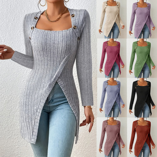 Slim long sleeves collarbone exposed slit knitted sweater | Women's clothing 2024 Autumn and winter
