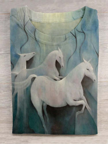 Unisex Abstract Painting White Horse Art Print Round Neck Short Sleeve | T-SHIRT