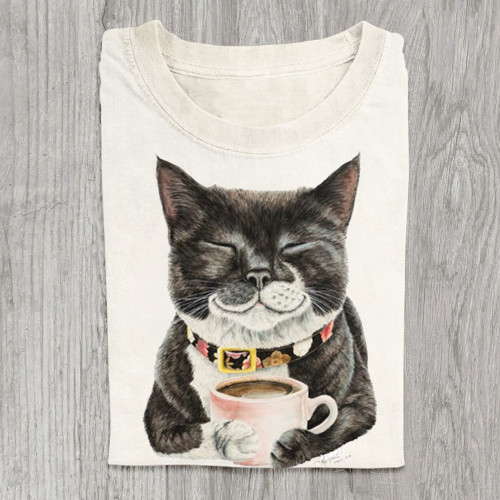 Casual kitten drinking coffee |  Unisex T-SHIRT