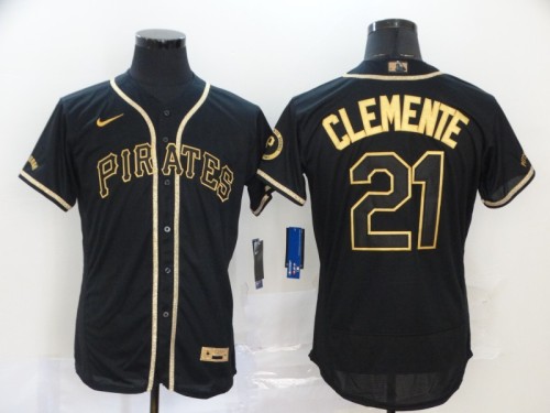 Nike Pittsburgh Pirates 21 Roberto Clemente Flexbase Baseball Jersey Black Retro gold character