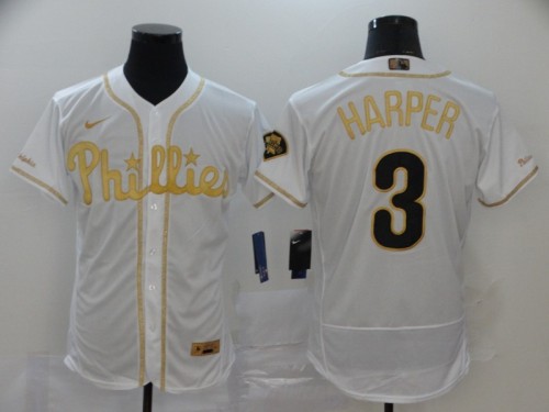 Nike Philadelphia Phillie 3 Bryce Harper Baseball Jersey White Retro gold character