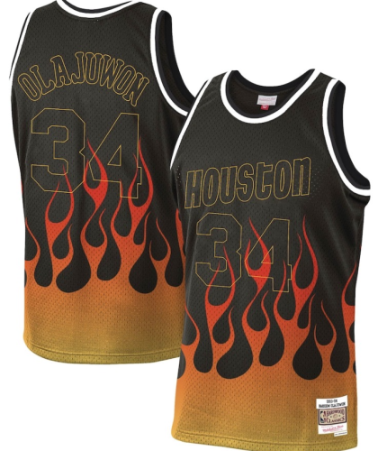 Houston Rockets 34 Hakeem Olajuwon Basketball Jersey Black Flame Retro