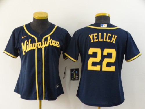 Women Nike Milwaukee Brewers 22 Christian Yelich Baseball Jersey Navy Blue