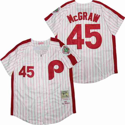 Philadelphia Phillie 45 Tug McGraw Baseball Jersey White red stripes1983 Retro
