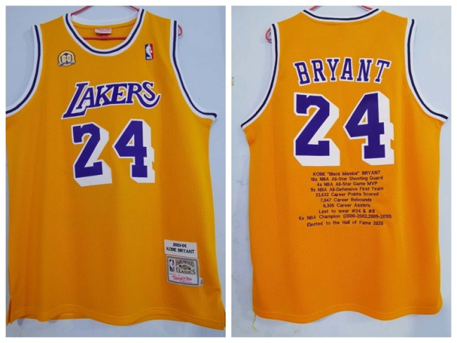 Los Angeles Lakers 24 Kobe Bryant Basketball Jersey Yellow 60th anniversary honorary Edition